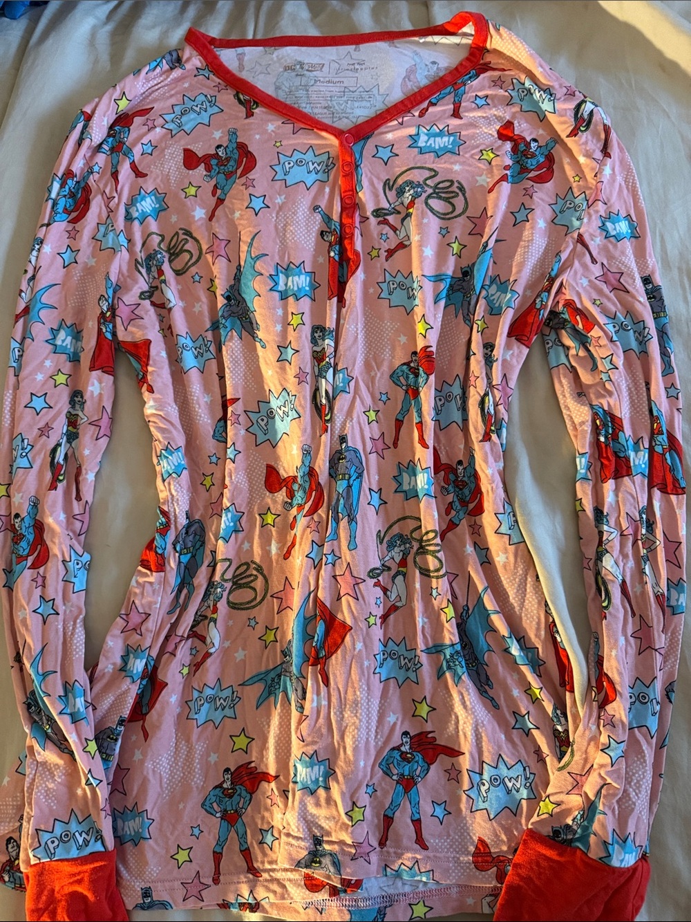 Little Sleepies Pink Superhero Print Long Sleeve Pajama Top with Red Trim